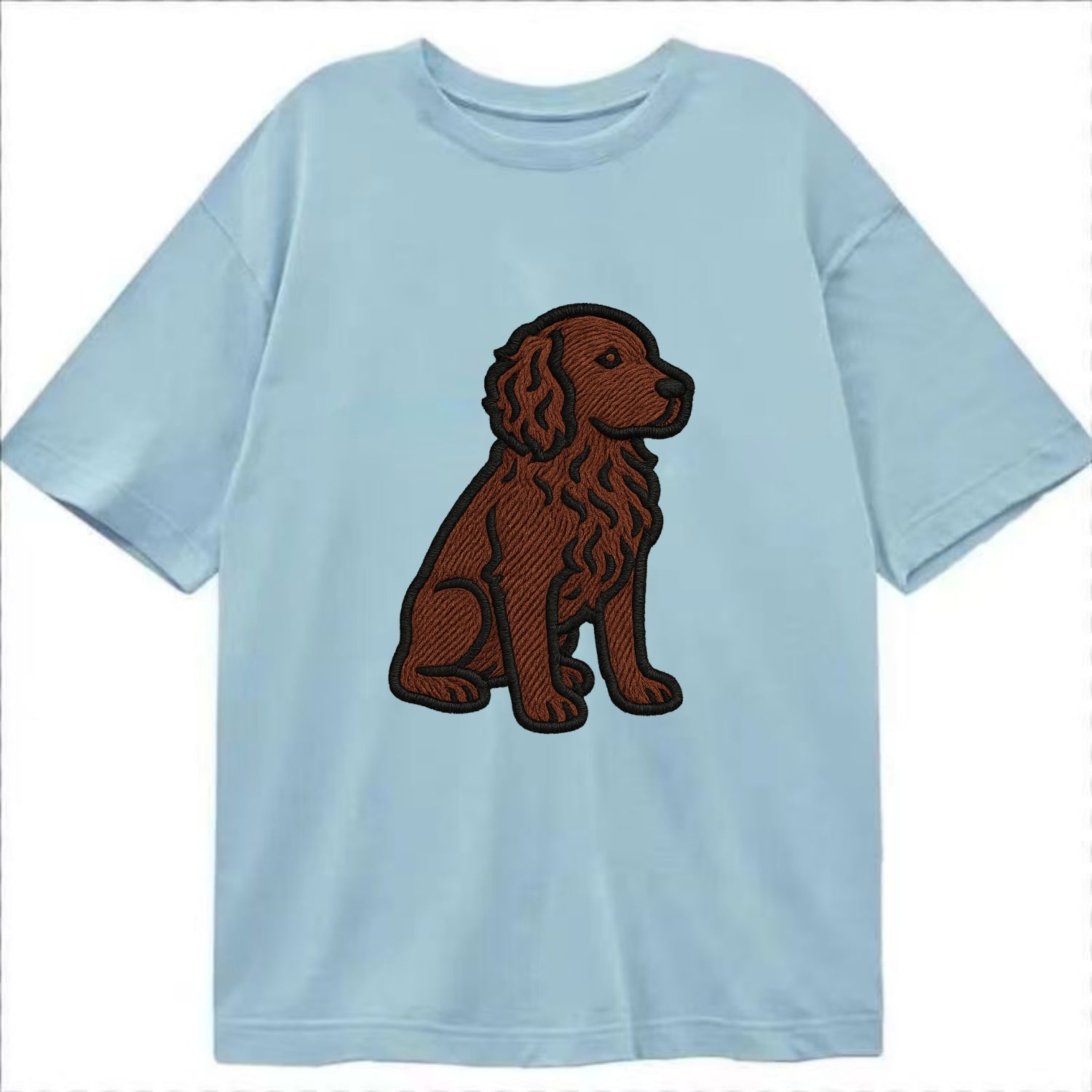 Boykin Spaniel - Rich chocolate brown wavy coat embroidered sitting pose - Classic T-shirt - Light Blue