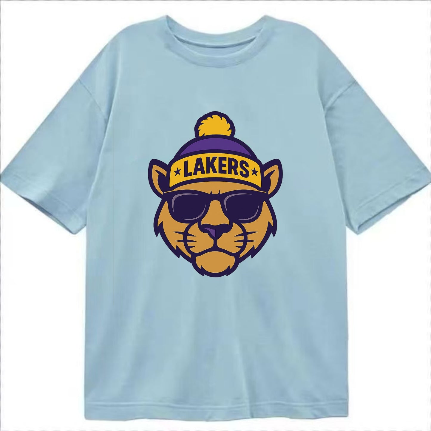 LA Mountain Lion wearing Lakers purple and gold beanie with championship stars - Classic T-shirt - Light Blue