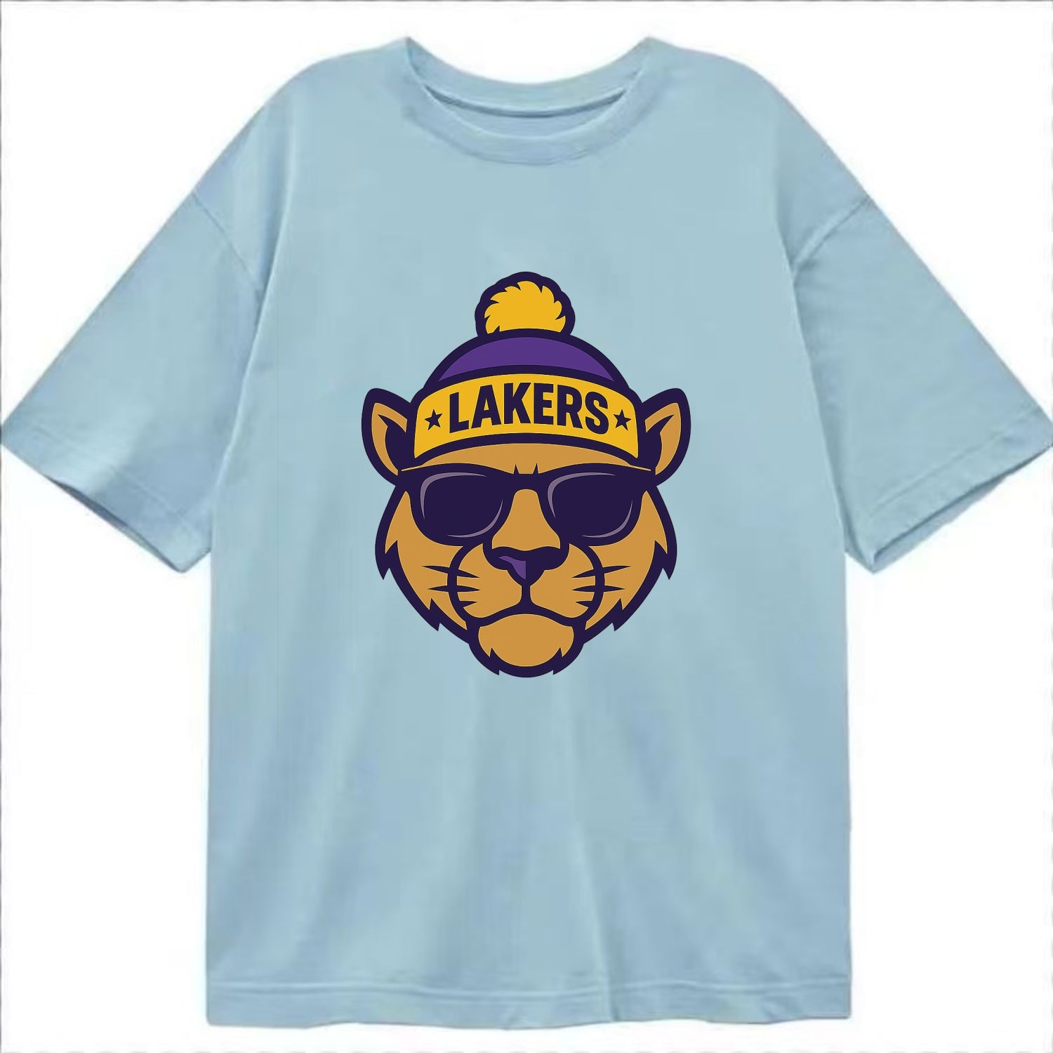 LA Mountain Lion wearing Lakers purple and gold beanie with championship stars - Classic T-shirt - Light Blue