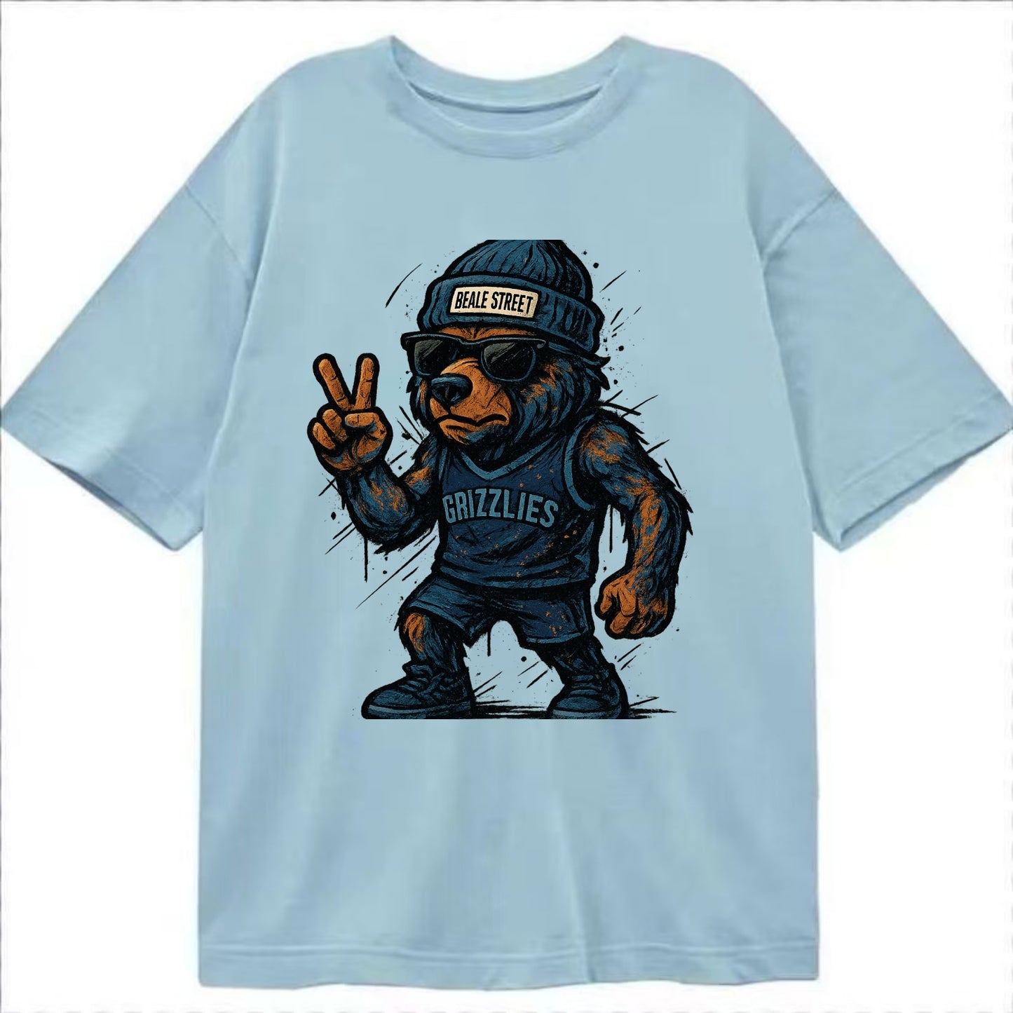 Memphis Grizzly Bear wearing Grizzlies navy and light blue beanie with Beale - Classic T-shirt - Light Blue
