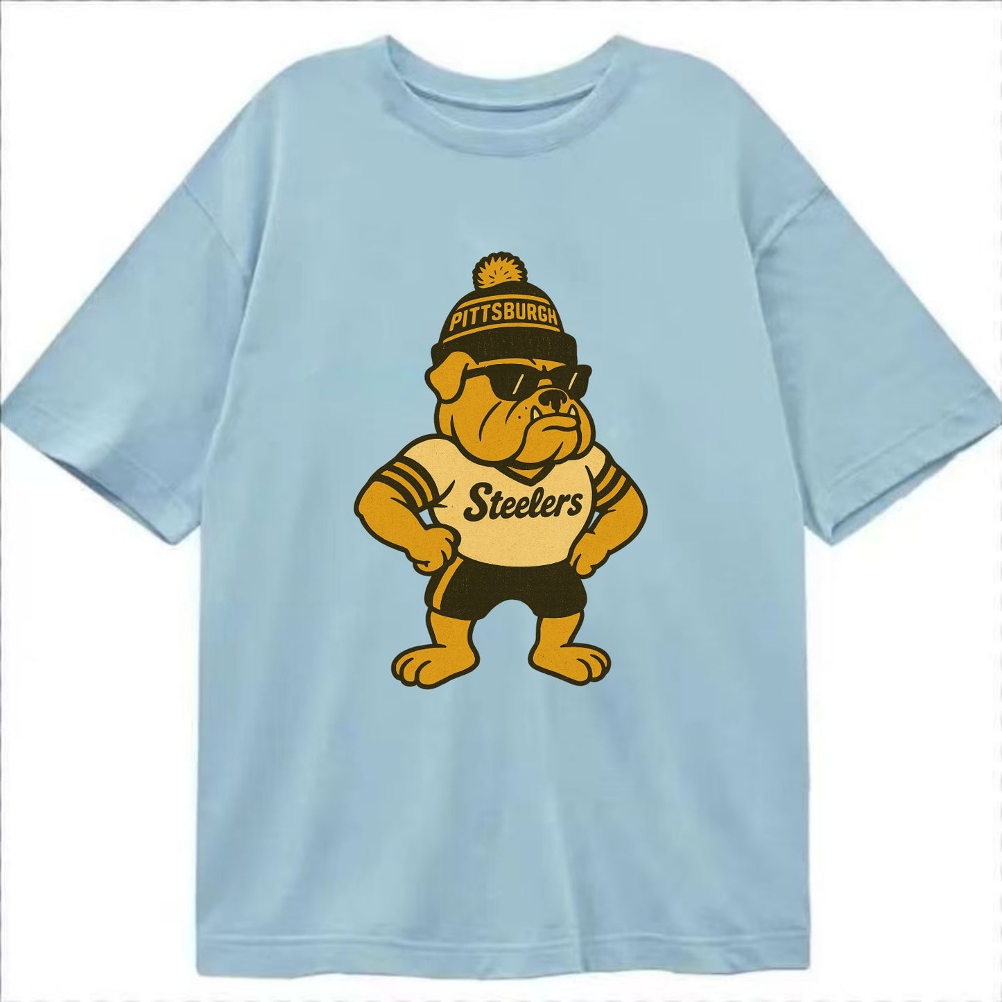 Pittsburgh Bulldog wearing Steelers black and gold beanie with pom pom and - Classic T-shirt - Light Blue
