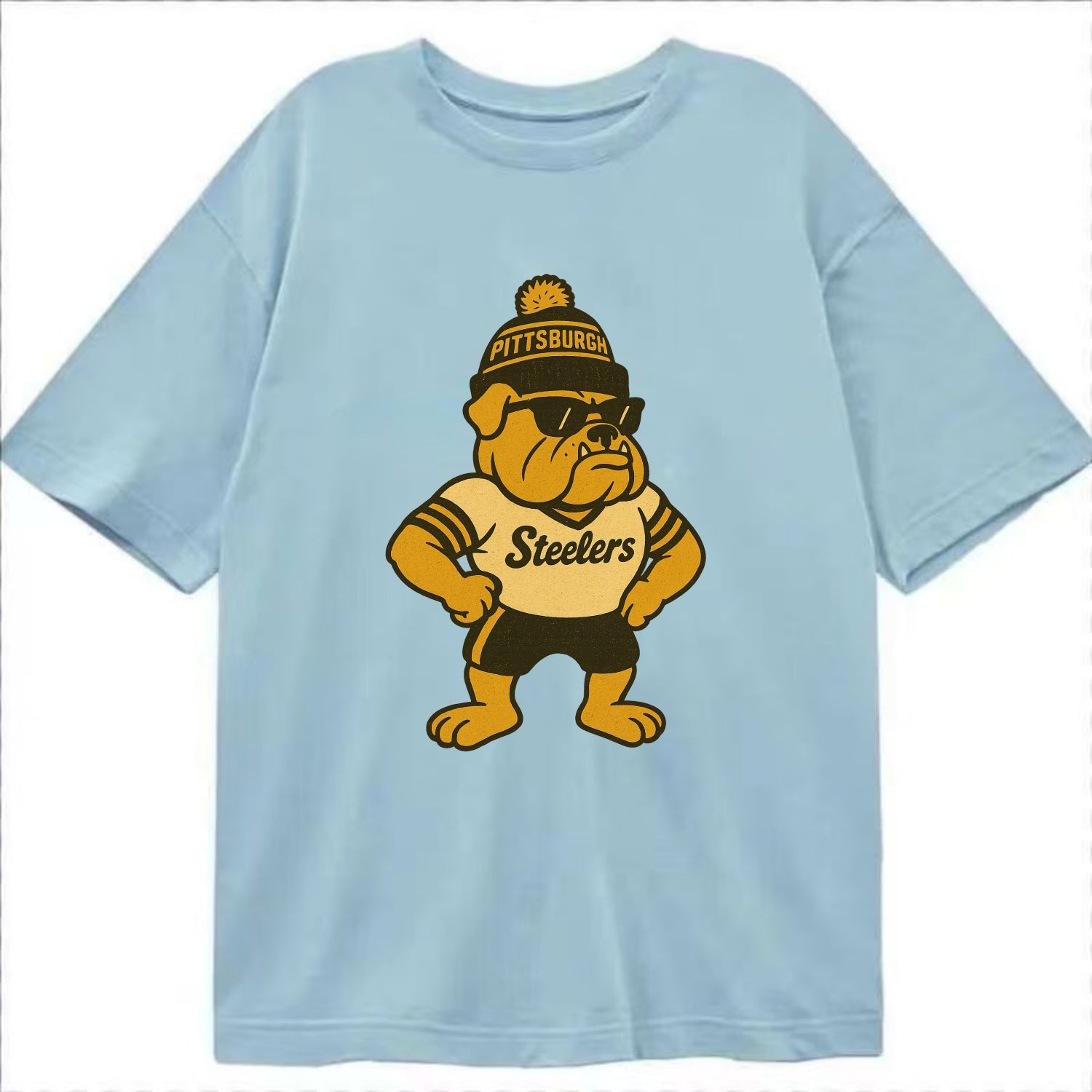 Pittsburgh Bulldog wearing Steelers black and gold beanie with pom pom and - Classic T-shirt - Light Blue