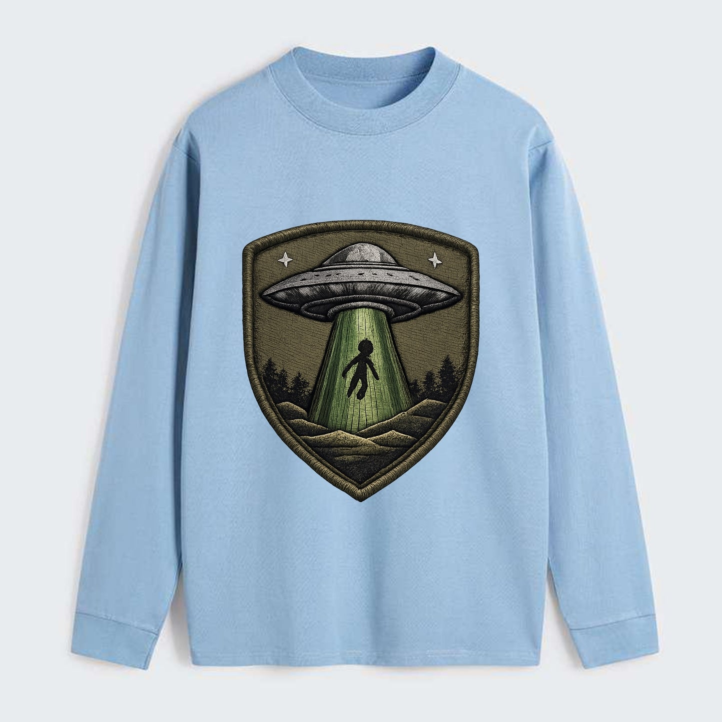 UFO ALIEN - flying saucer with beam in silver and green , - Classic Long Sleeve Shirt - Light Blue