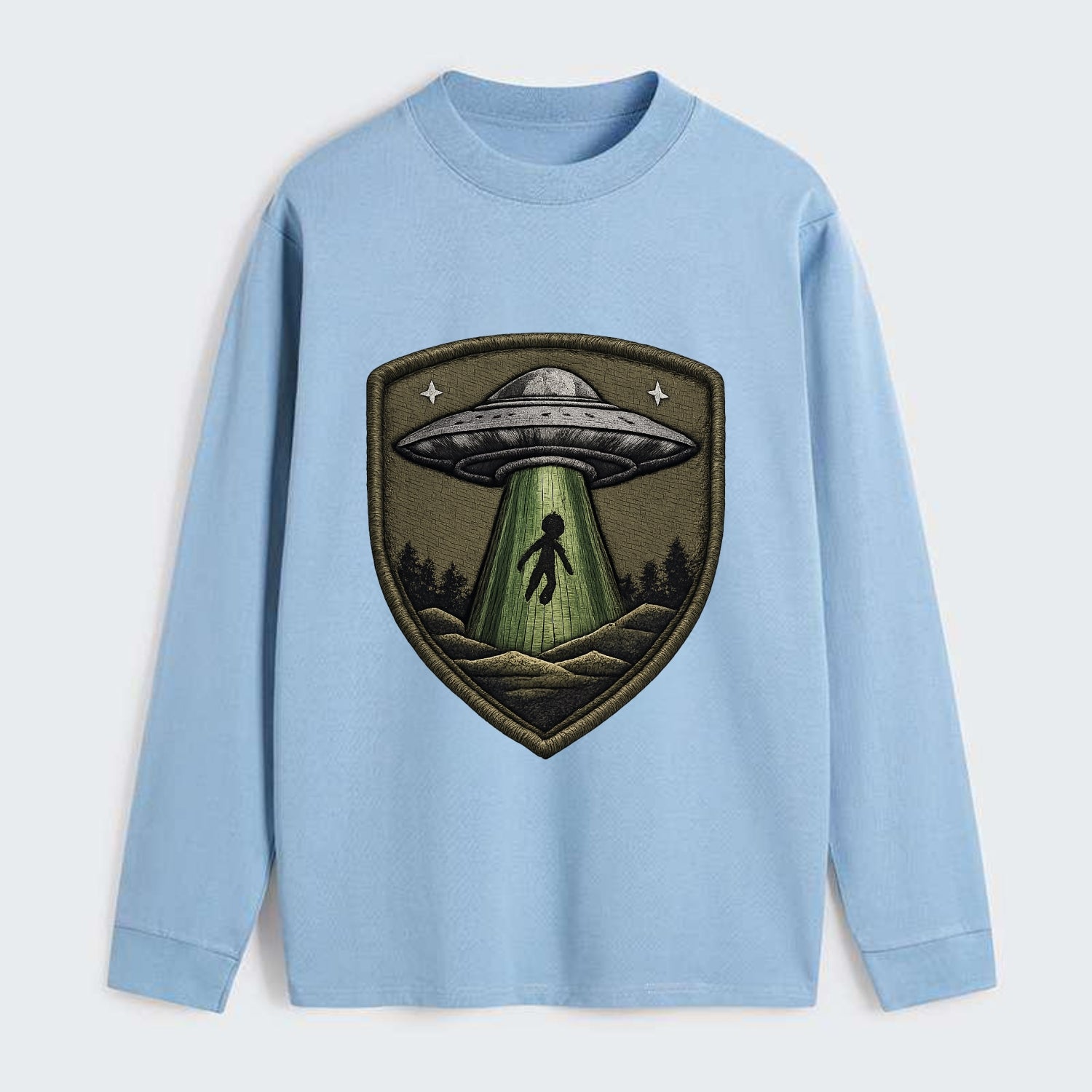UFO ALIEN - flying saucer with beam in silver and green , - Classic Long Sleeve Shirt - Light Blue