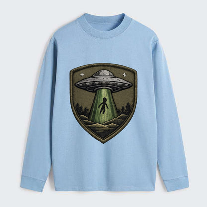 UFO ALIEN - flying saucer with beam in silver and green , - Classic Long Sleeve Shirt - Light Blue
