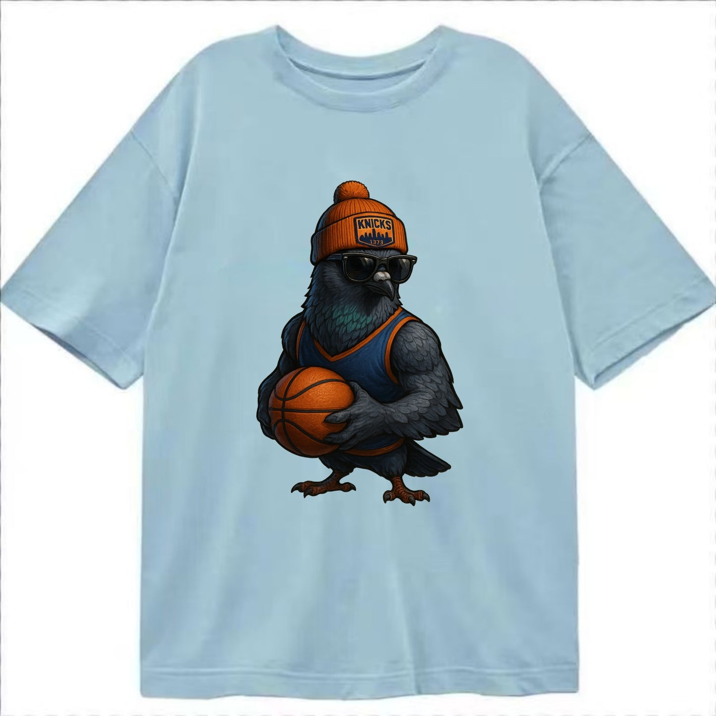 Manhattan Pigeon wearing Knicks beanie with skyline patch and wayfarer sunglasses - Classic T-shirt - Light Blue