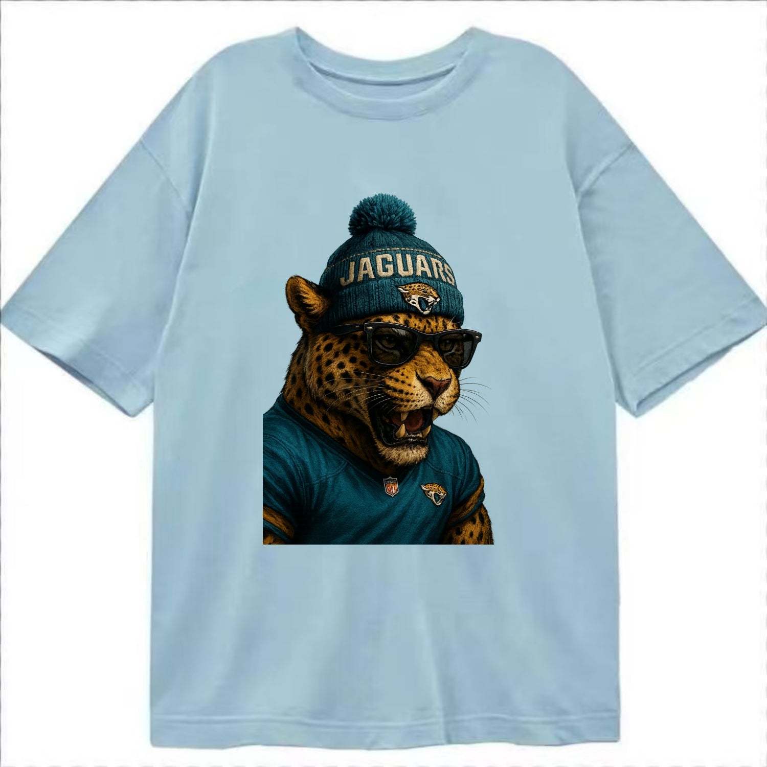 Jacksonville Jaguar wearing Jaguars teal and gold beanie with pom pom and - Classic T-shirt - Light Blue