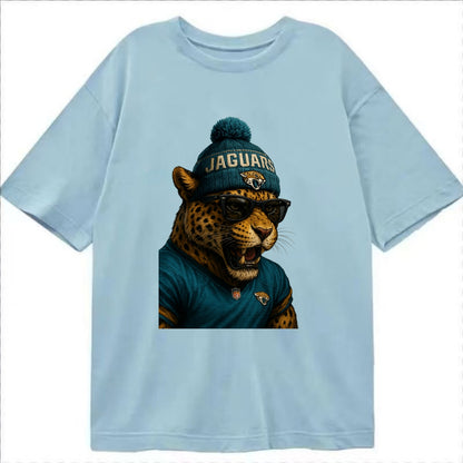 Jacksonville Jaguar wearing Jaguars teal and gold beanie with pom pom and - Classic T-shirt - Light Blue