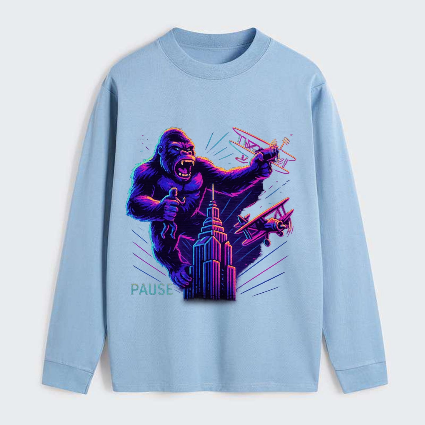 giant gorilla on top of skyscraper holding small figure, swatting planes - Classic Long Sleeve Shirt - Light Blue