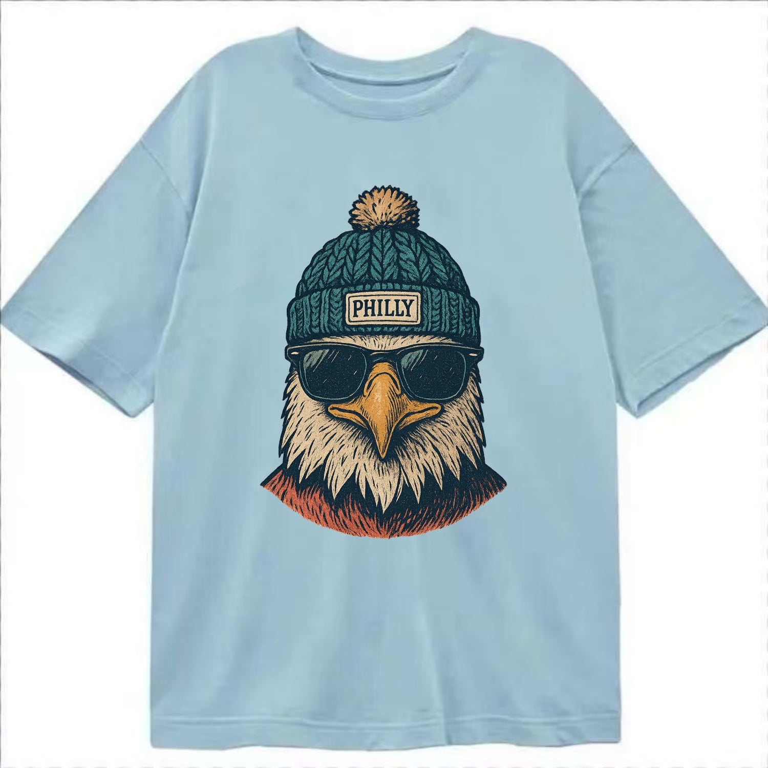 Philadelphia Eagle wearing Philly beanie with pom pom and wayfarer sunglasses - Classic T-shirt - Light Blue