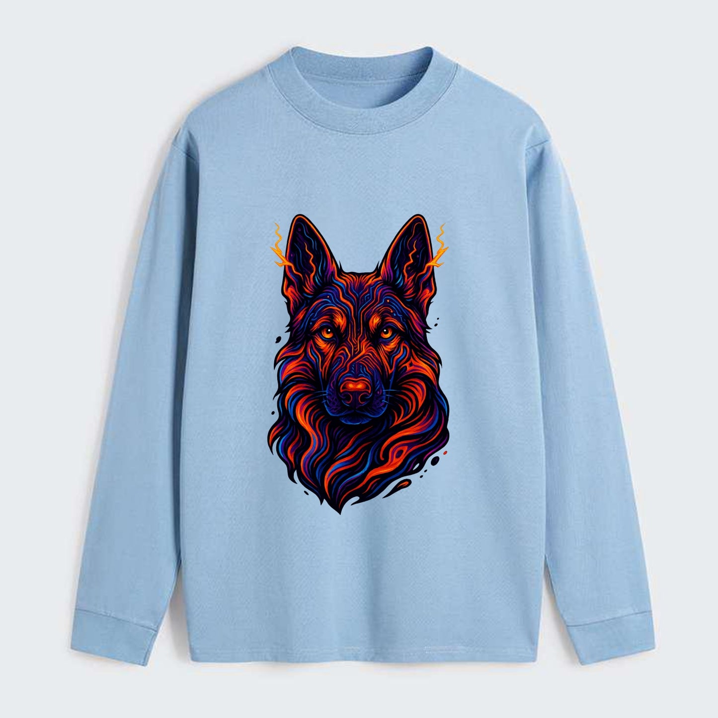 Alert German Shepherd with cyber circuit patterns in the fur, neon - Classic Long Sleeve Shirt - Light Blue