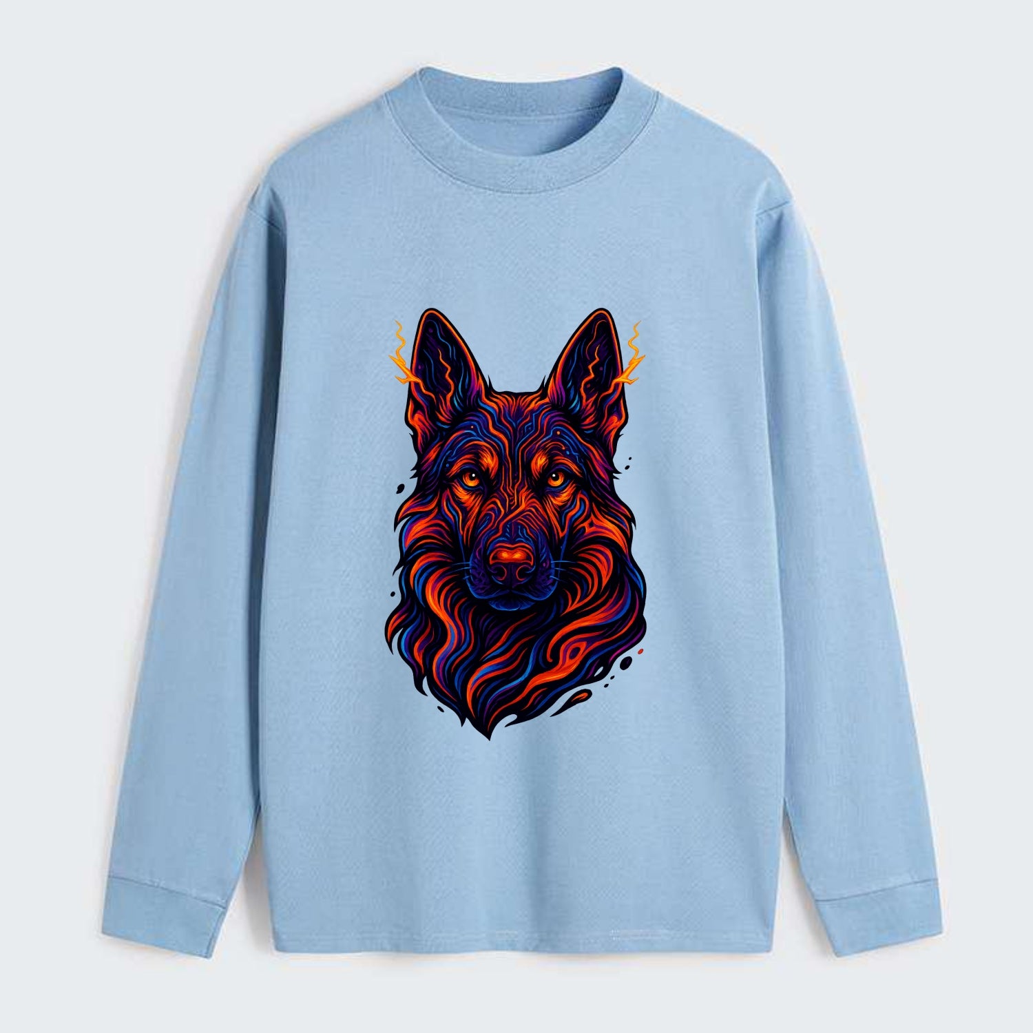 Alert German Shepherd with cyber circuit patterns in the fur, neon - Classic Long Sleeve Shirt - Light Blue