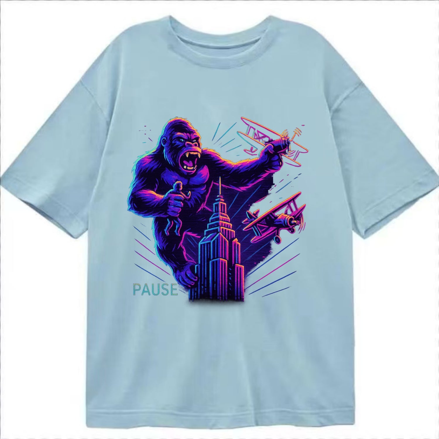 giant gorilla on top of skyscraper holding small figure, swatting planes - Classic T-shirt - Light Blue