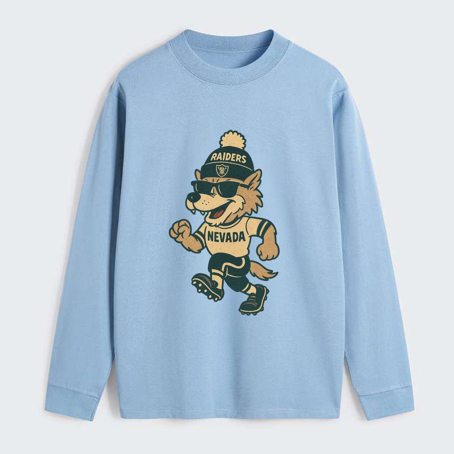 Nevada Wolf wearing Raiders beanie with outlaw patch and wayfarer - Classic Long Sleeve Shirt - Light Blue
