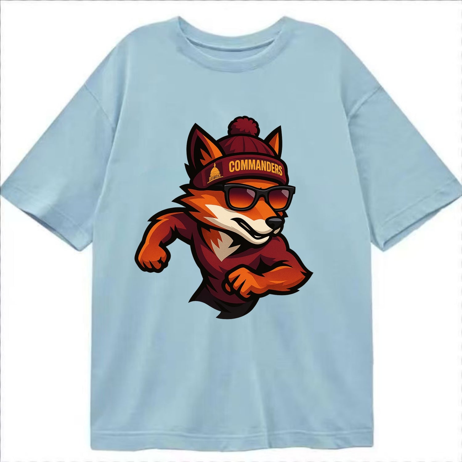 Washington Fox wearing Commanders beanie with Capitol patch and wayfarer - Classic T-shirt - Light Blue