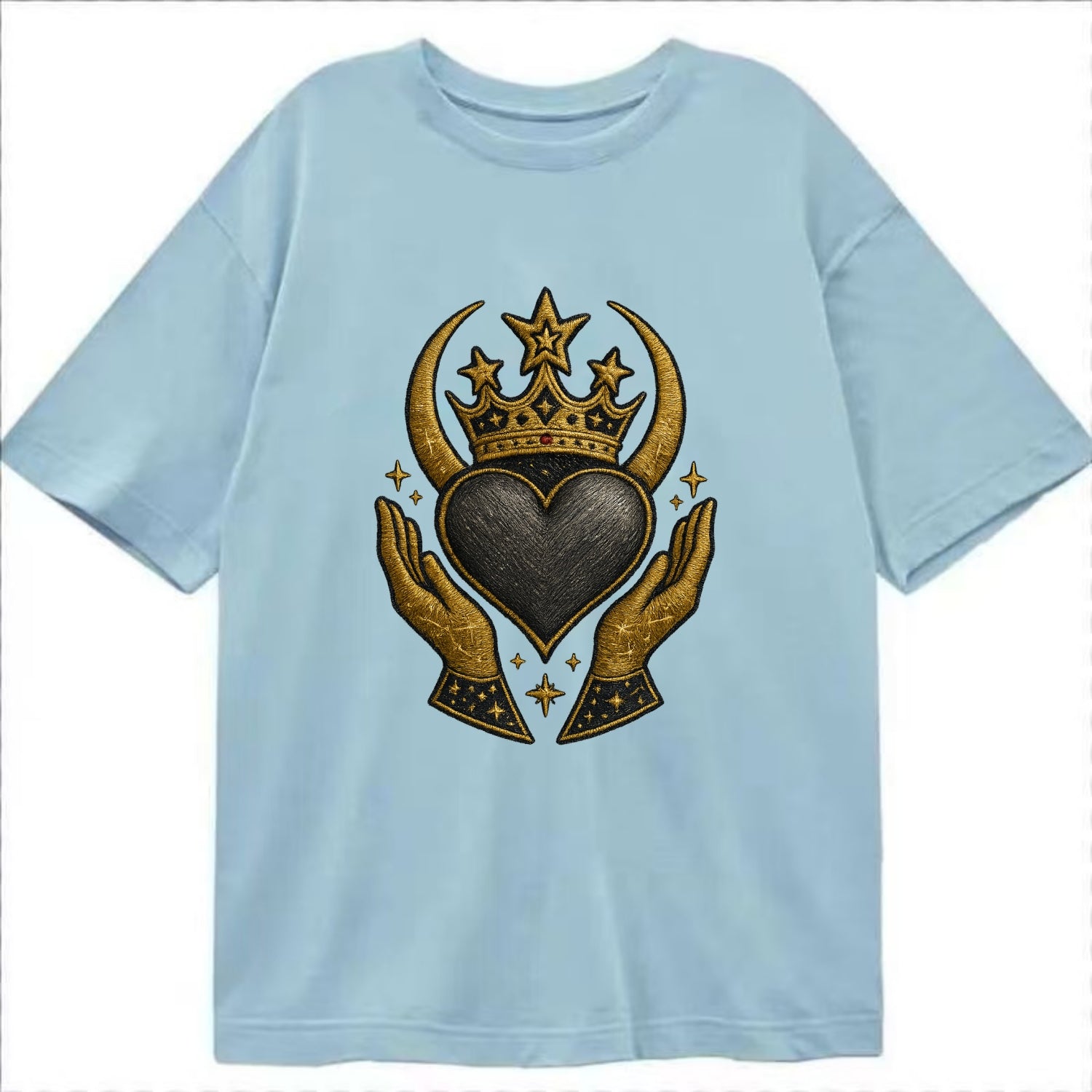 Celtic knot crown with woven strands merging into copper hands shielding a pewter - Classic T-shirt - Light Blue