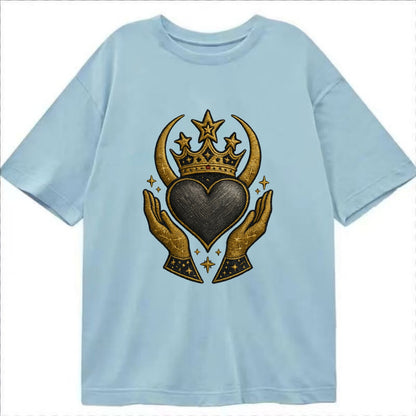Celtic knot crown with woven strands merging into copper hands shielding a pewter - Classic T-shirt - Light Blue