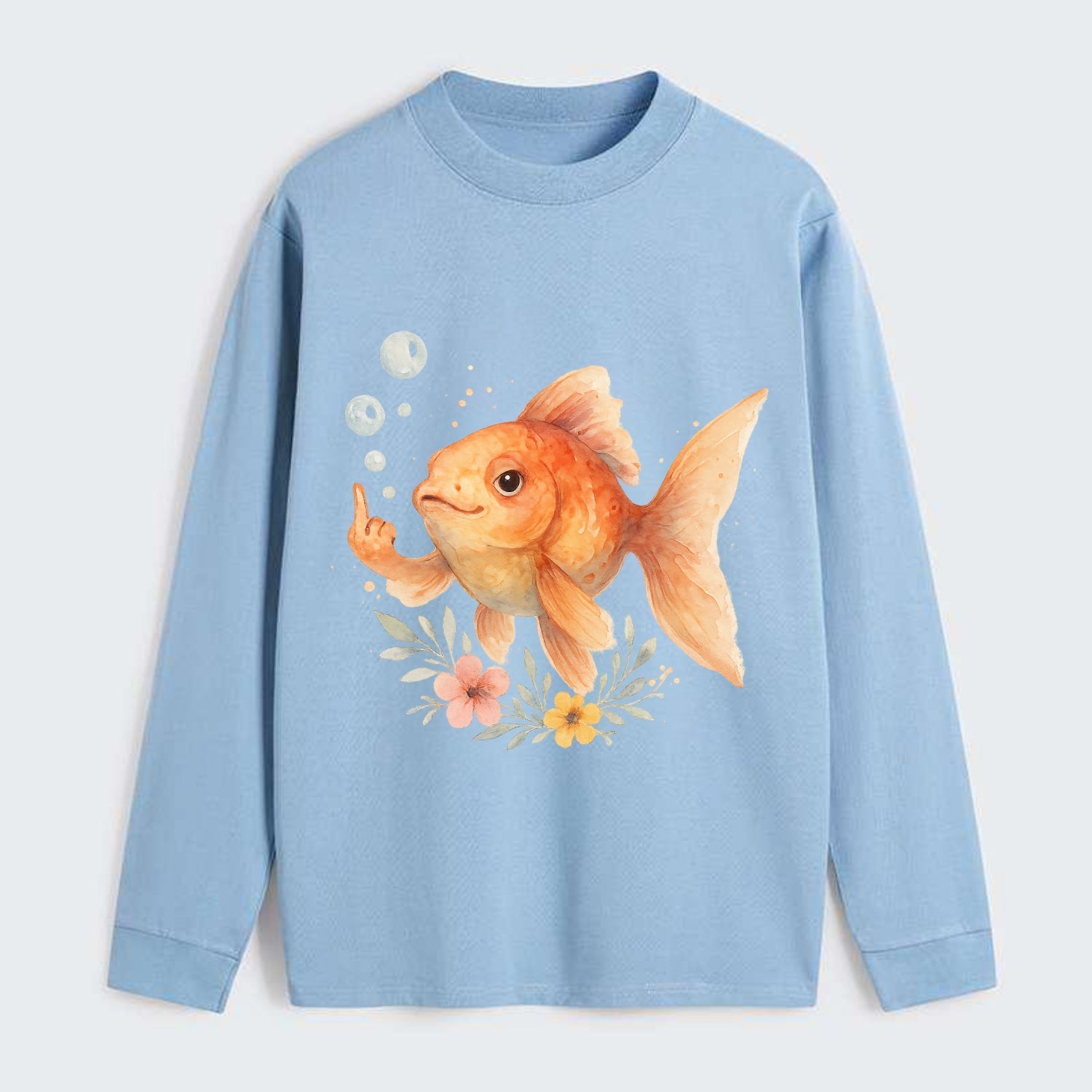 chubby goldfish blowing bubbles, one fin extended like middle finger - Classic Long Sleeve Shirt - Light Blue