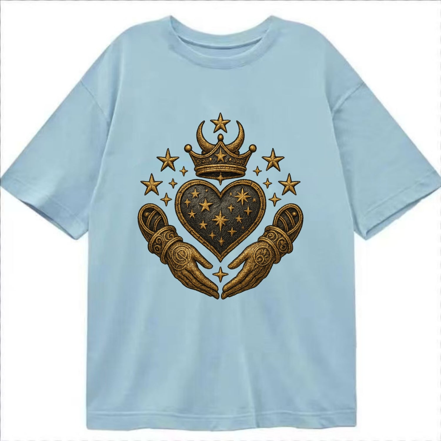 Weathered antique brass crown above a hammered gunmetal heart framed by ivy-woven - Classic T-shirt - Light Blue