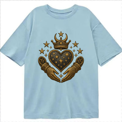 Weathered antique brass crown above a hammered gunmetal heart framed by ivy-woven - Classic T-shirt - Light Blue