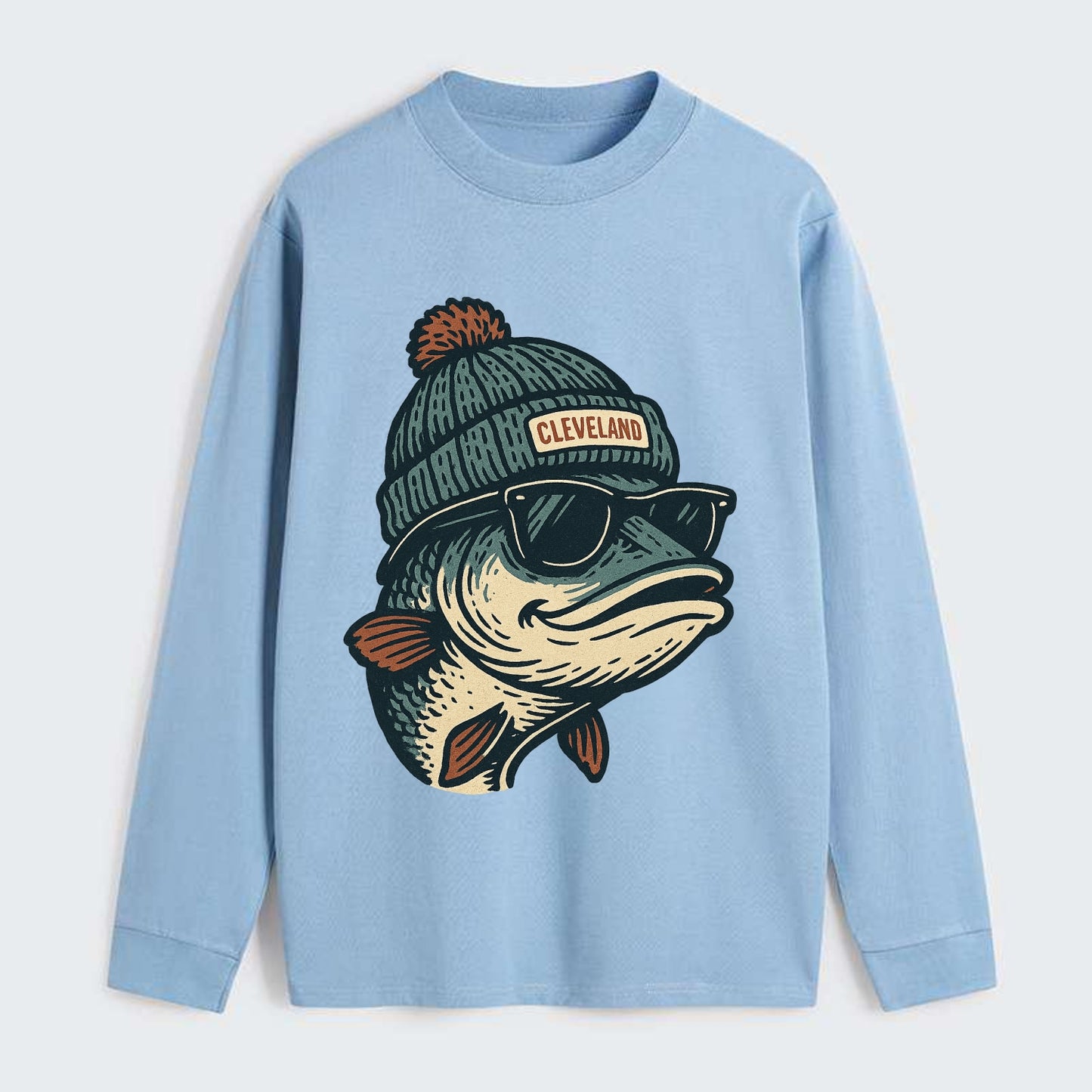 Cleveland Lake Erie Walleye wearing Cleveland beanie with pom pom and - Classic Long Sleeve Shirt - Light Blue