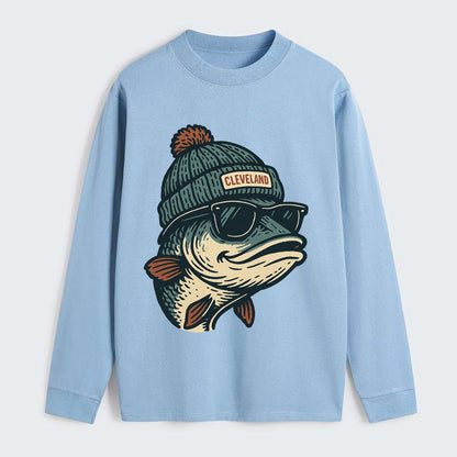 Cleveland Lake Erie Walleye wearing Cleveland beanie with pom pom and - Classic Long Sleeve Shirt - Light Blue