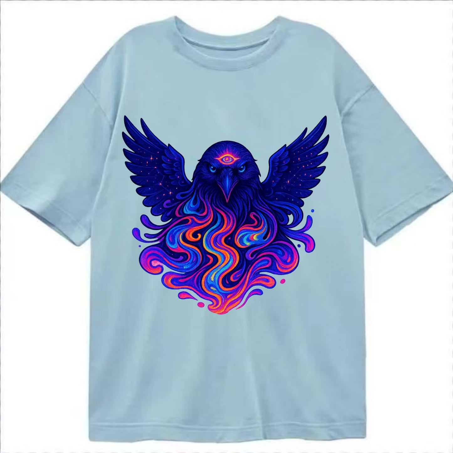 Mysterious raven with feathers showing future visions in neon colors, wings - Classic T-shirt - Light Blue