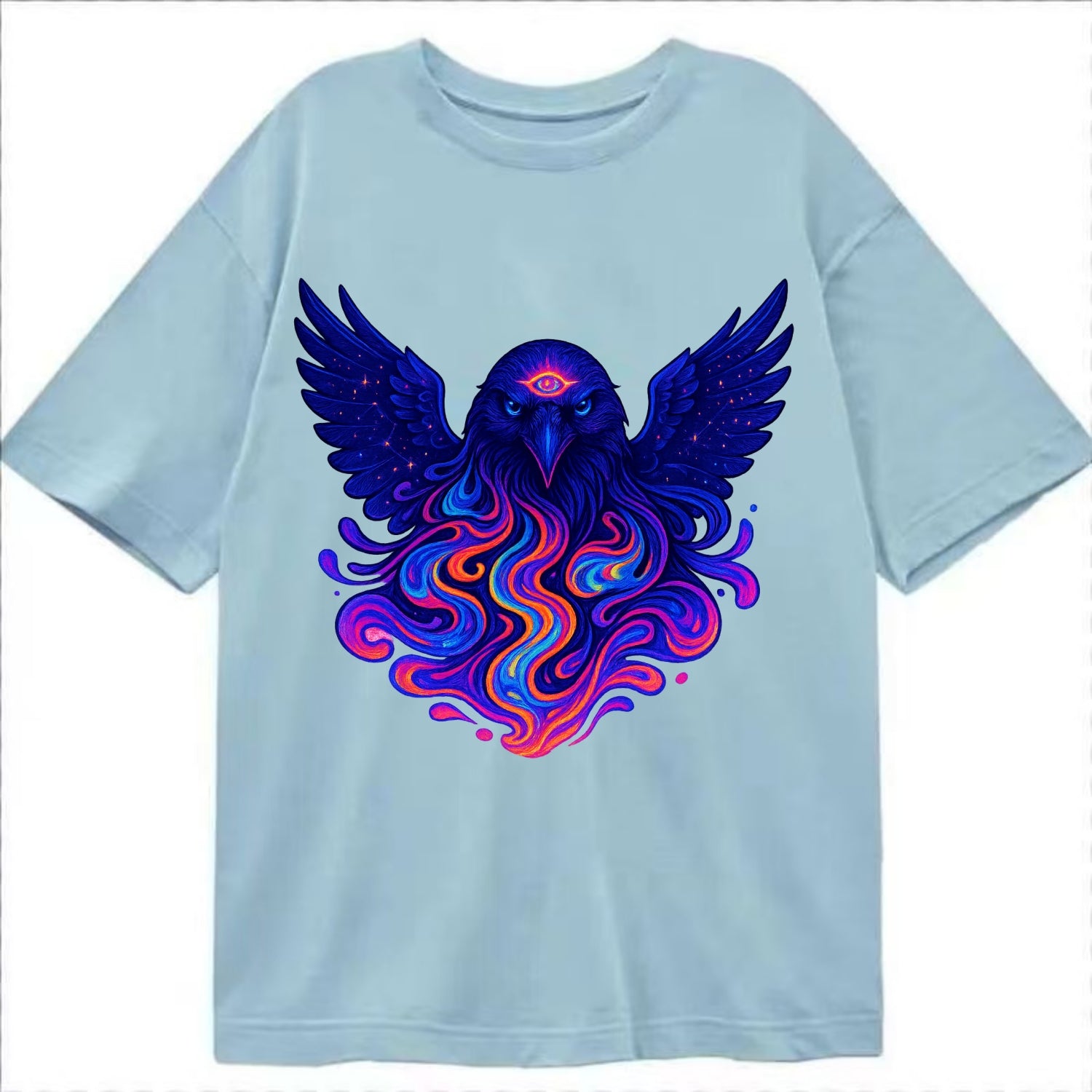 Mysterious raven with feathers showing future visions in neon colors, wings - Classic T-shirt - Light Blue