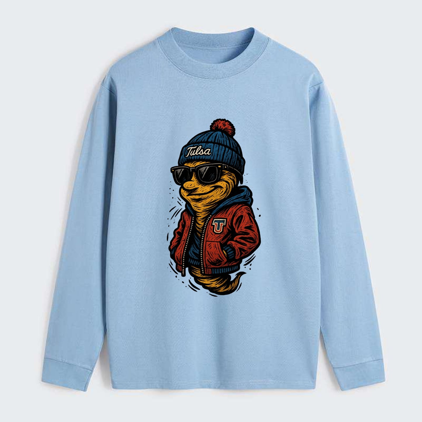 Tulsa Hurricane wearing Tulsa beanie with TU patch - Classic Long Sleeve Shirt - Light Blue