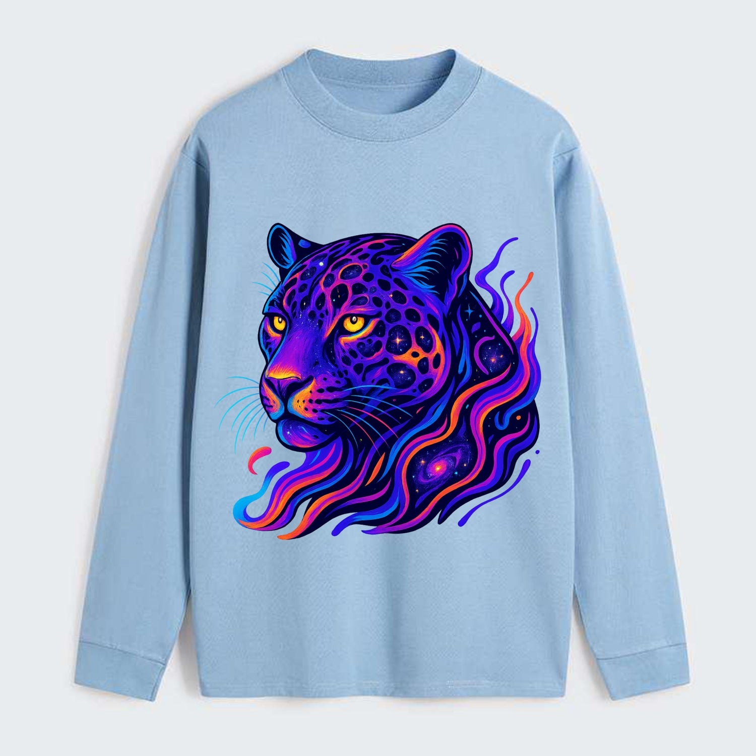 Powerful jaguar with rosettes containing miniature galaxies, cosmic - Classic Long Sleeve Shirt - Light Blue