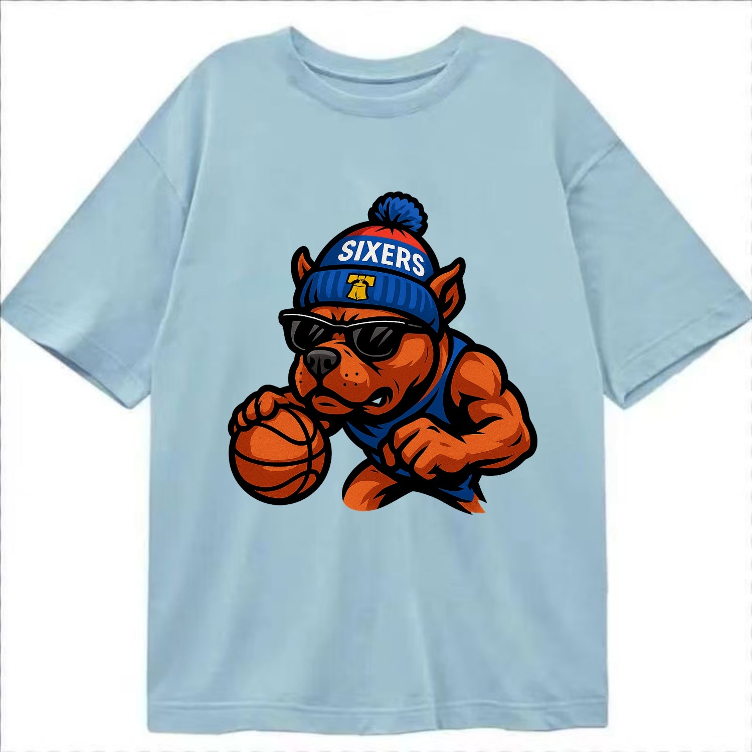 Philly Pitbull wearing Sixers beanie with Liberty Bell and wayfarer sunglasses - Classic T-shirt - Light Blue