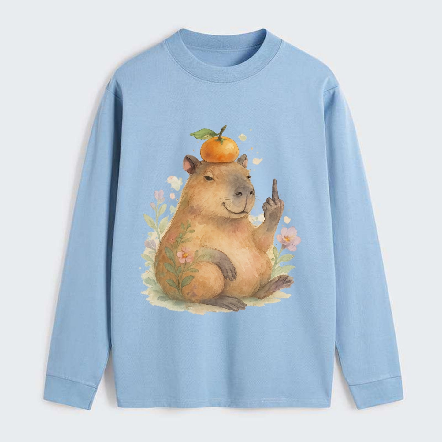 chonky capybara relaxing with orange on head, one webbed middle finger - Classic Long Sleeve Shirt - Light Blue