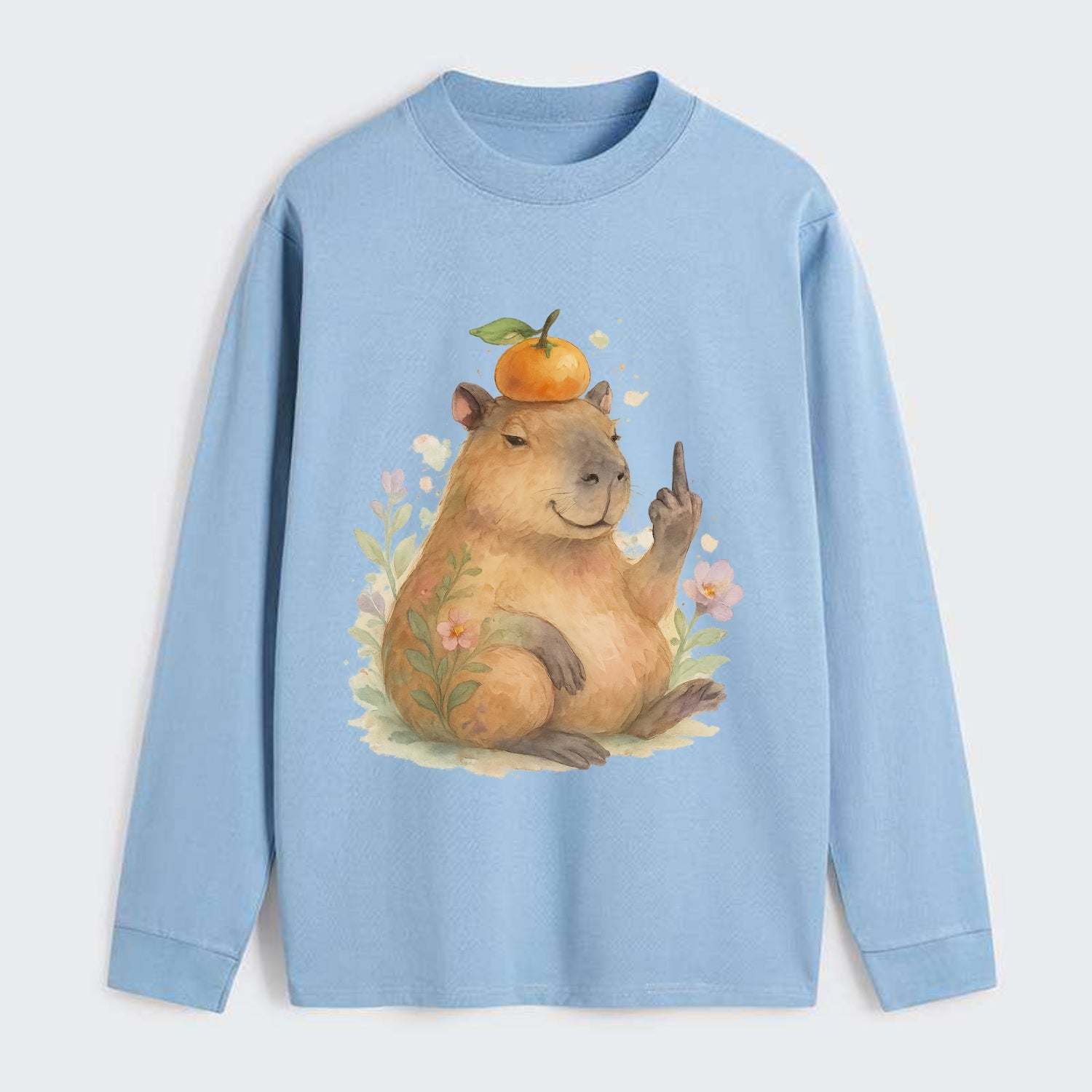 chonky capybara relaxing with orange on head, one webbed middle finger - Classic Long Sleeve Shirt - Light Blue