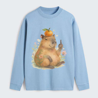 chonky capybara relaxing with orange on head, one webbed middle finger - Classic Long Sleeve Shirt - Light Blue