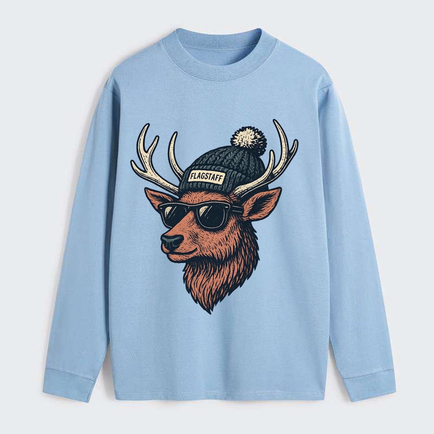 Flagstaff Elk wearing Flagstaff beanie with pom pom and wayfarer - Classic Long Sleeve Shirt - Light Blue