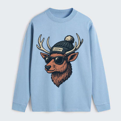 Flagstaff Elk wearing Flagstaff beanie with pom pom and wayfarer - Classic Long Sleeve Shirt - Light Blue