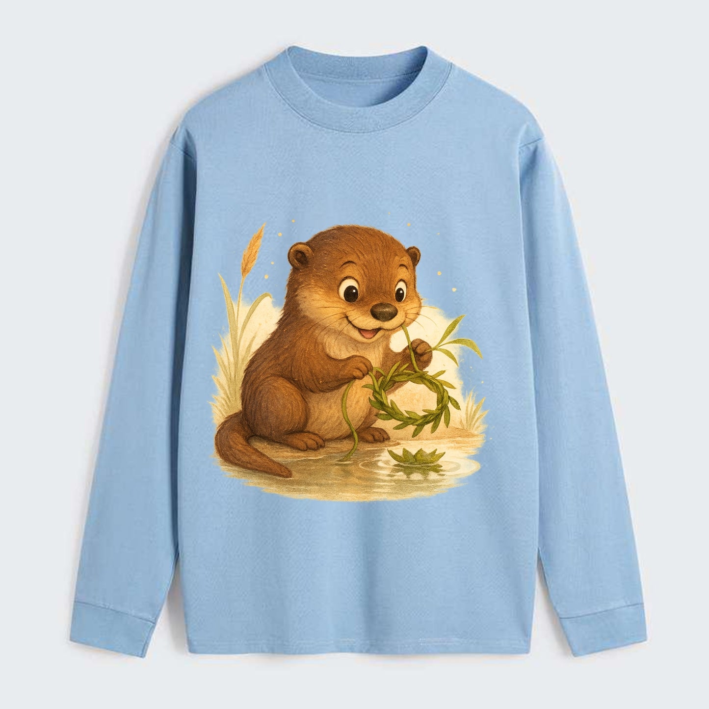 Otter weaving river reeds into a floating crown beside mirror-still - Classic Long Sleeve Shirt - Light Blue
