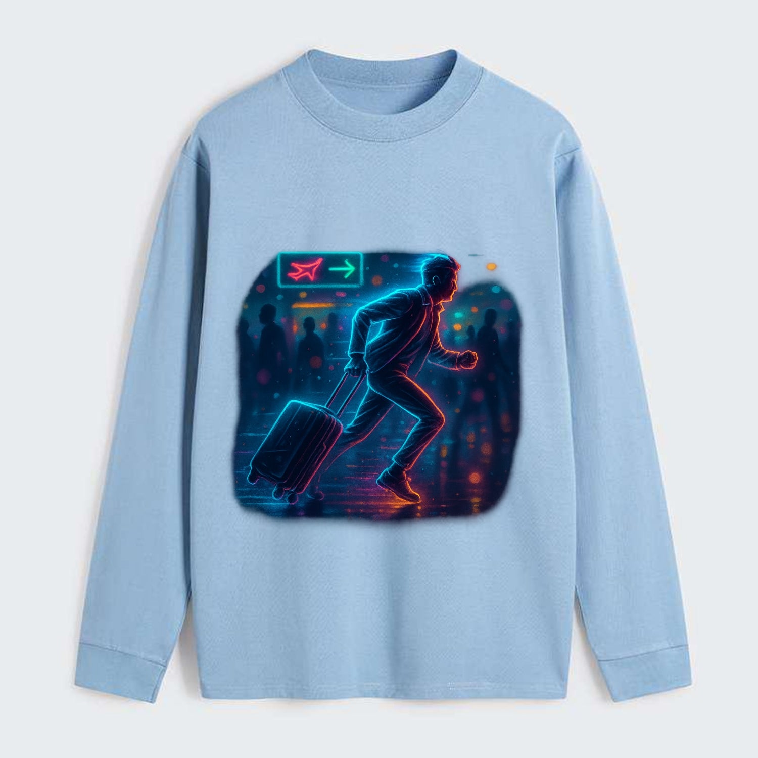 person running with luggage through crowded airport terminal - Classic Long Sleeve Shirt - Light Blue
