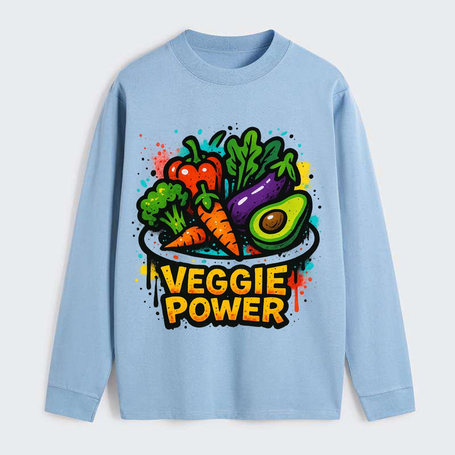 Colorful vegetables and plants on plate - plant-based lifestyle, veggie - Classic Long Sleeve Shirt - Light Blue