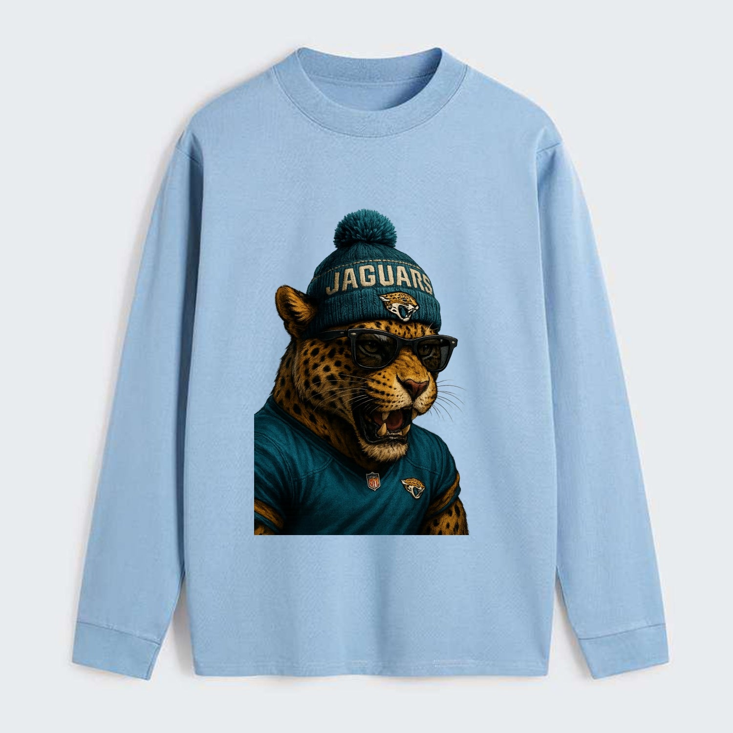 Jacksonville Jaguar wearing Jaguars teal and gold beanie with pom pom - Classic Long Sleeve Shirt - Light Blue