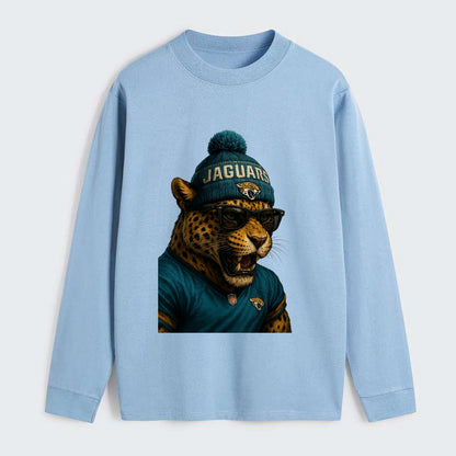 Jacksonville Jaguar wearing Jaguars teal and gold beanie with pom pom - Classic Long Sleeve Shirt - Light Blue