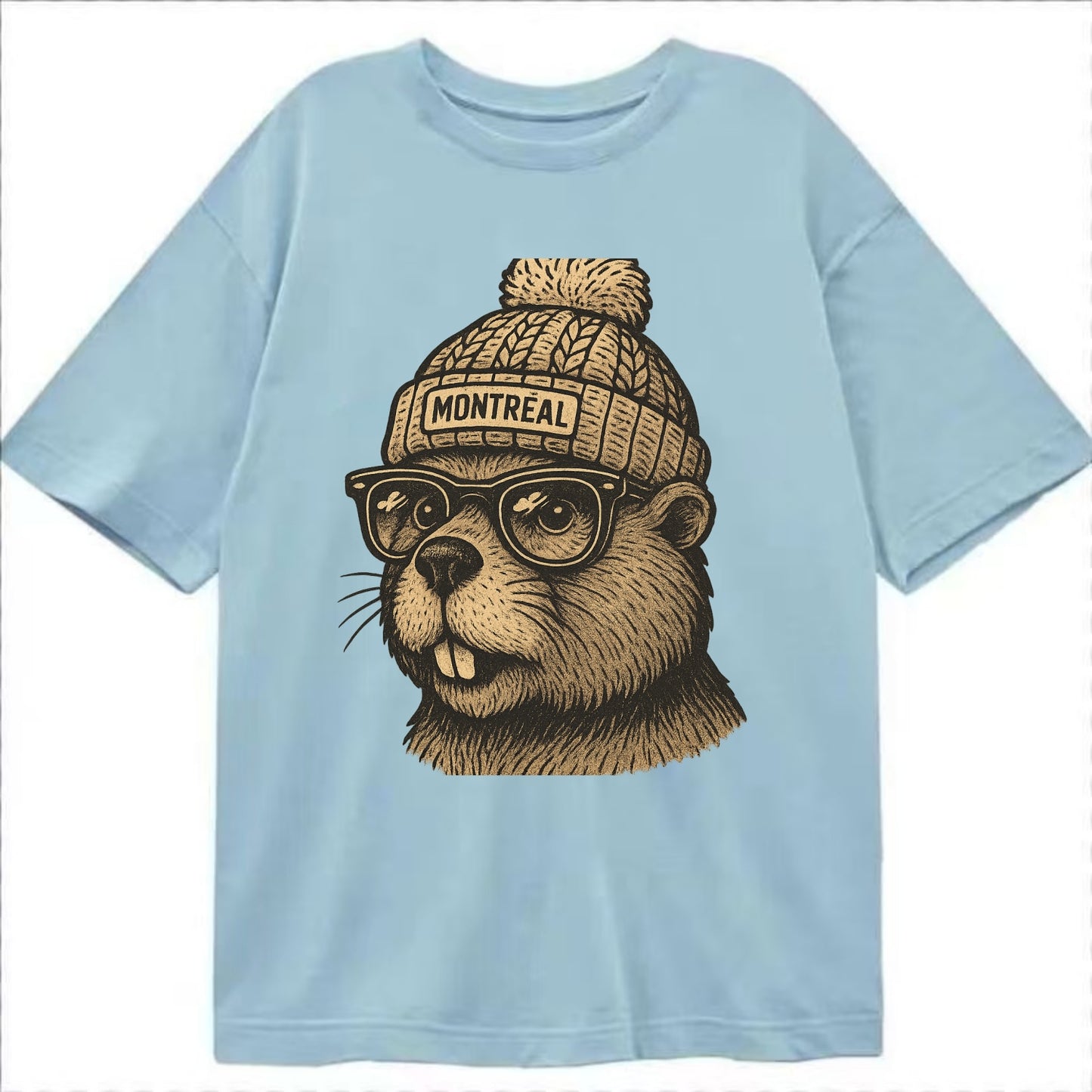 Montreal Beaver wearing Montreal beanie with pom pom and wayfarer sunglasses - Classic T-shirt - Light Blue