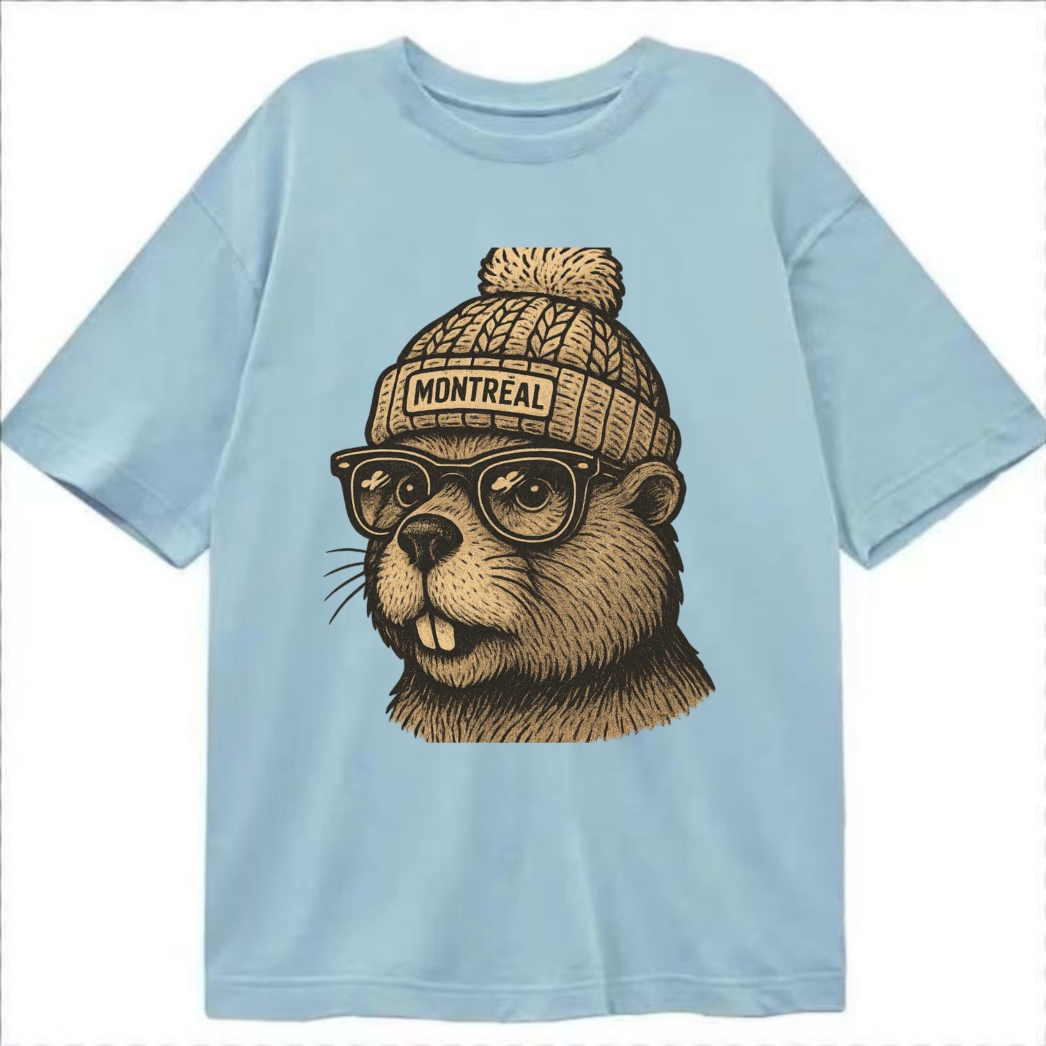Montreal Beaver wearing Montreal beanie with pom pom and wayfarer sunglasses - Classic T-shirt - Light Blue