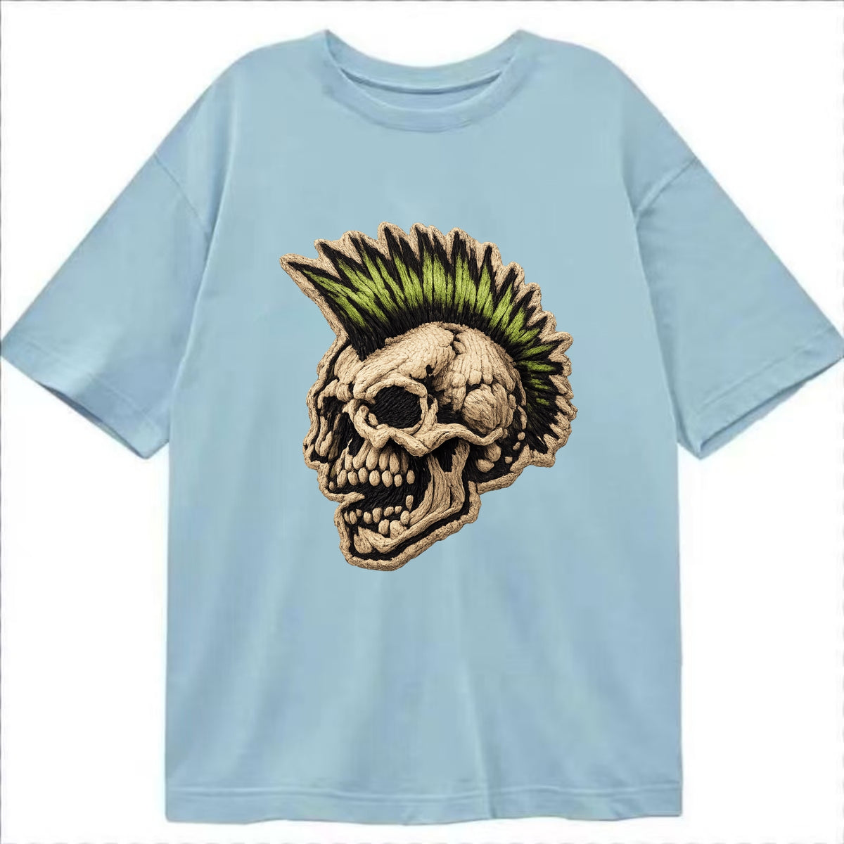 MOHAWK SKULL - punk skull with mohawk in neon green and black , punk rock - Classic T-shirt - Light Blue
