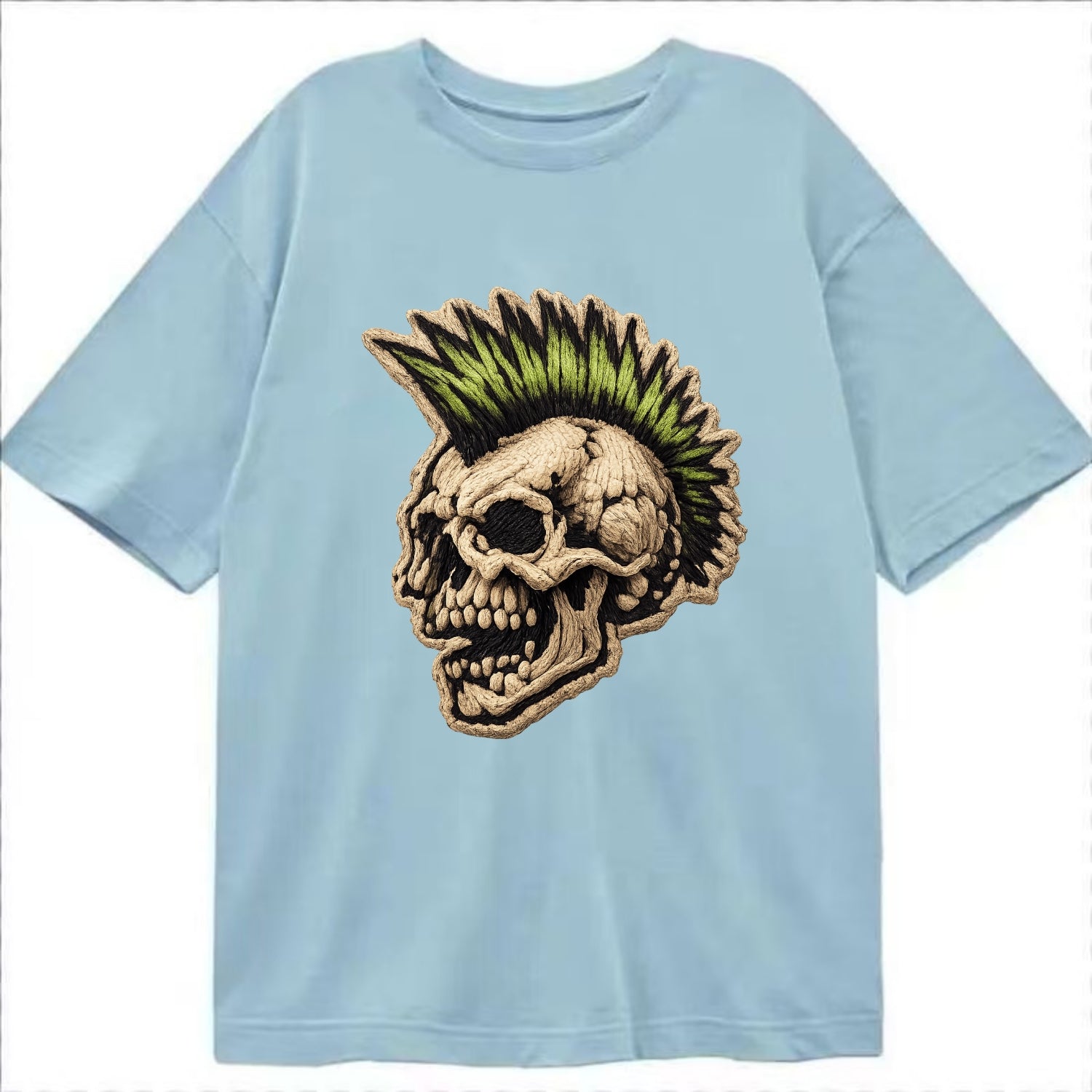 MOHAWK SKULL - punk skull with mohawk in neon green and black , punk rock - Classic T-shirt - Light Blue