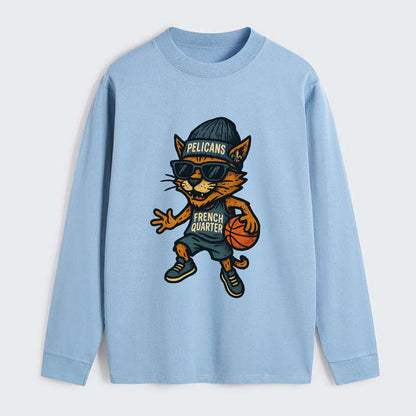French Quarter Cat wearing Pelicans beanie with Mardi Gras patch and - Classic Long Sleeve Shirt - Light Blue