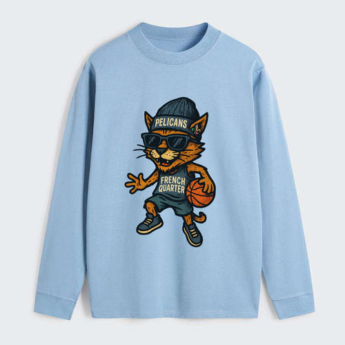 French Quarter Cat wearing Pelicans beanie with Mardi Gras patch and - Classic Long Sleeve Shirt