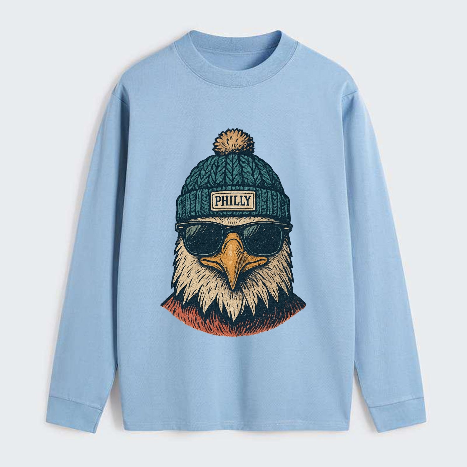 Philadelphia Eagle wearing Philly beanie with pom pom and wayfarer - Classic Long Sleeve Shirt - Light Blue