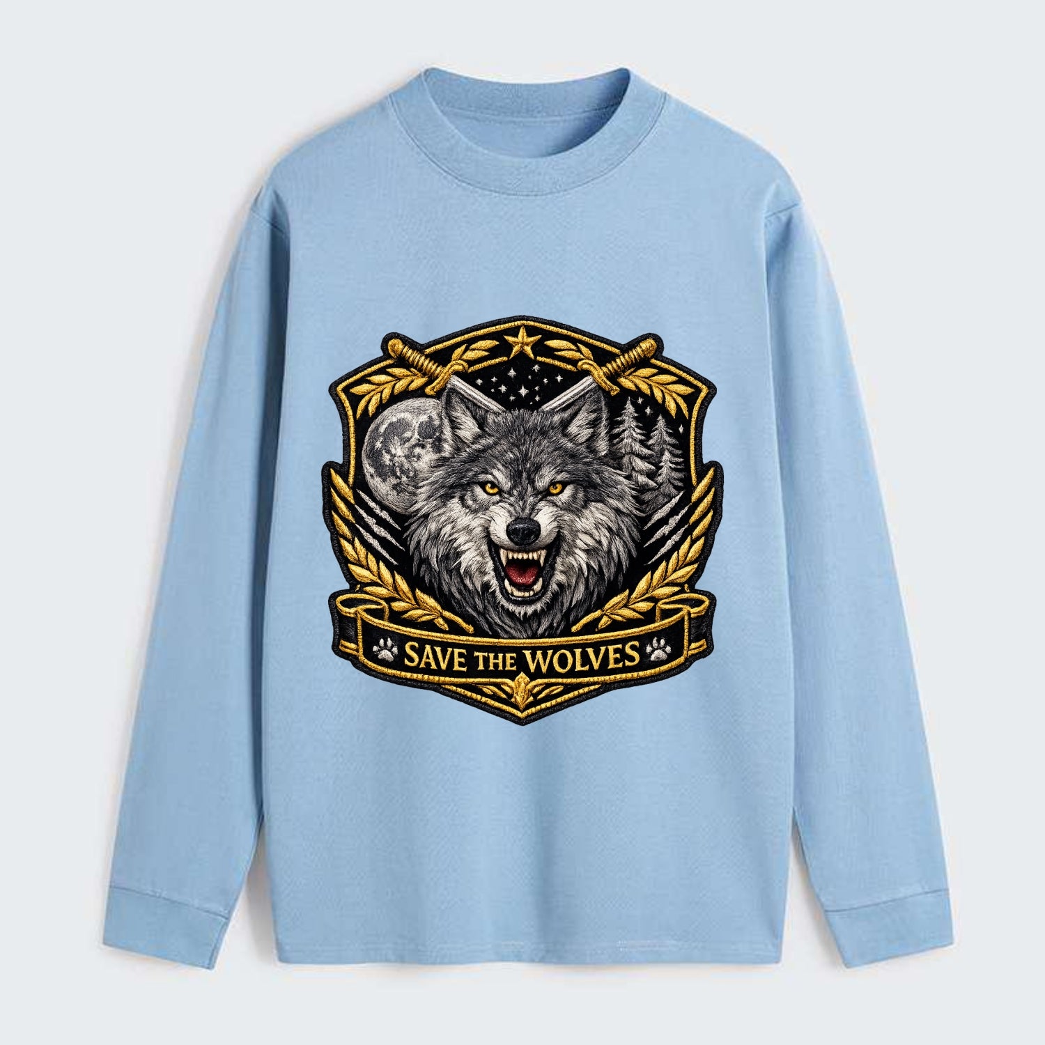 SAVE THE WOLVES - wolf moon in gray , predator protection - Classic Long Sleeve Shirt - Light Blue