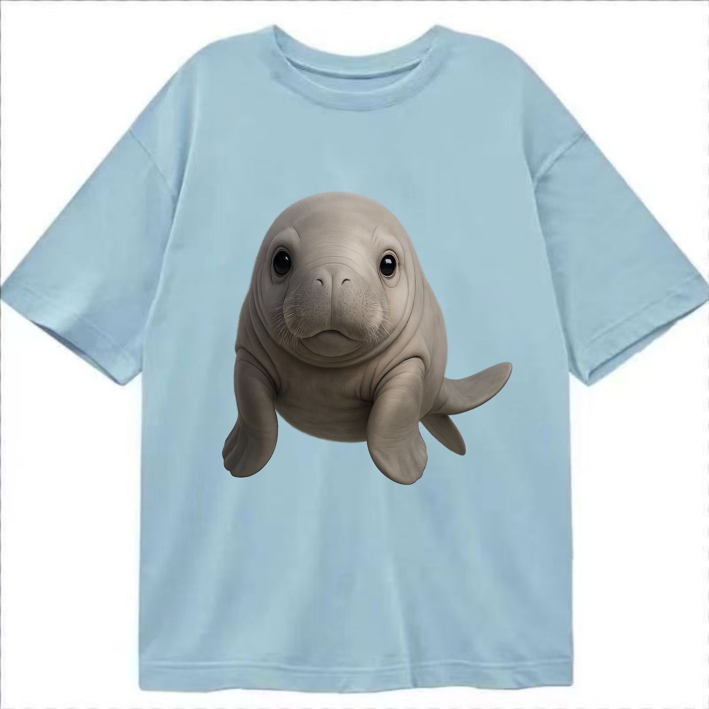 Baby Dugong - gray with paddle tail, gentle expression, whiskers, front-facing, - Classic T-shirt - Light Blue
